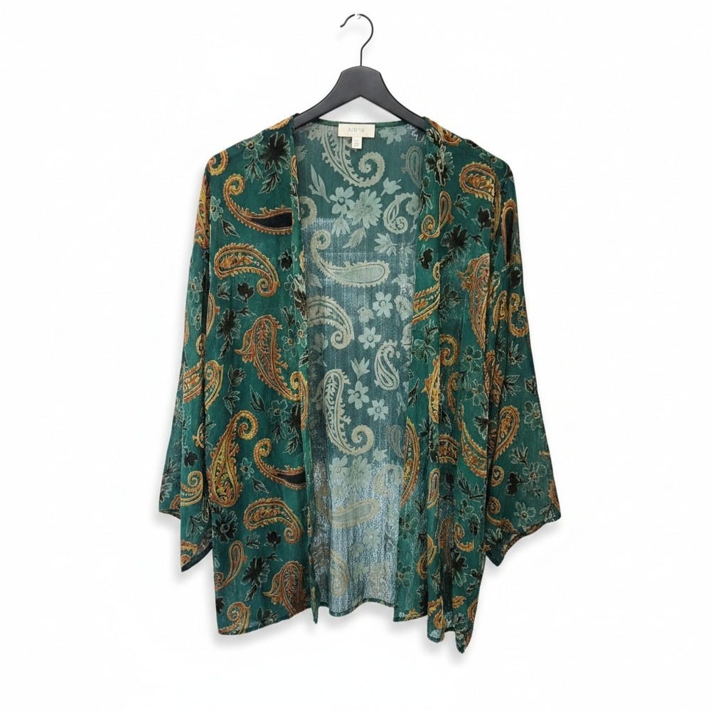 Boho Paisley Burnout Velvet Kimono Cardigan Small Semi Sheer Split Sleeves